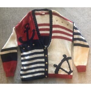 Pronto Moda Women L V-Neck Button Front Nautical Anchor Knit Cardigan Sweater